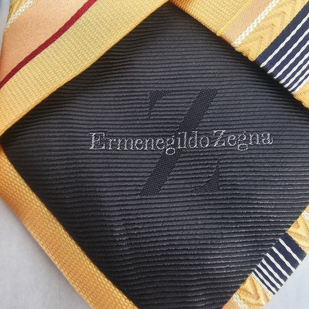 Ermenegildo Zegna Silk Cotton Striped Tie Gold Peach Navy‎ Italian Luxury Preppy